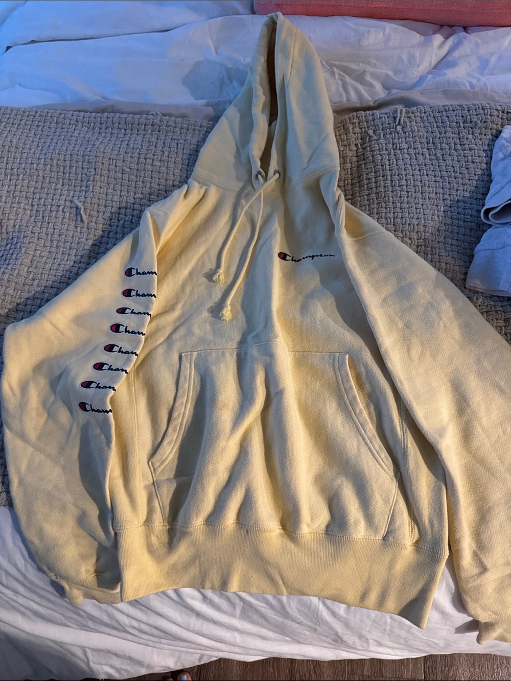 Champion Pale Yellow Script Logo Hoodie